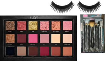 

Huda Beauty COMBO OF ROSE GOLD EYESHADOW PALLETE WITH 1 PAIR EYELASHES & MAC 7 PIECES BRUSH SET(Set of 9)