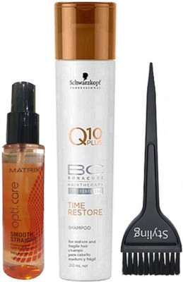 

Styling Of hair brush, Schwarzkopf Q 10 Plus BC Bonacure Time Restore Shampoo With Matrix opti care smooth straight hair serum(Set of 3)