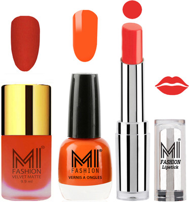

MI FASHION Premium Quality Super Saver Nail Polish and Lipstick Combo - Orange Matte Nail Polish,Candy Coral Shine Nail Polish and Orange Fever Lipstick(Set of 3)