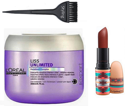 

Styling Hair Brush Loreal Professional Liss Unlimited Hair Masque With mac matte finish lipstick(Set of 3)
