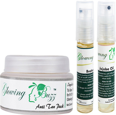 

Glowing Buzz Combo of 1 Natural Anti Tan Pack for Face, Dark Under Arms and Hands, 1 Brahmi Essential Oil and 1 Jojoba Essential Oil(Set of 3)