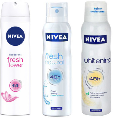 

Nivea WHITENING FLORAL DEODORANT 150 ML + FRESH NATURAL DEODORANT 150 ML+FRESH FLOWER DEODORANT 150 ML Deodorant Spray - For Men & Women(150 ml, Pack of 3)