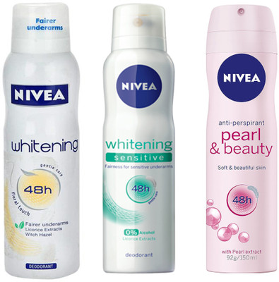 

Nivea PEARL & BEAUTY DEODORANT 150 ML +WHITENING SENSITIVE SKIN DEODORANT 150 ML+WHITENING FLORAL DEODORANT 150 ML Deodorant Spray - For Men & Women(150 ml, Pack of 3)