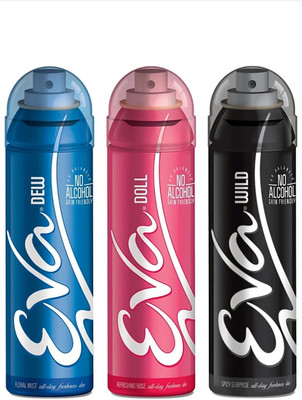

EVA Deodorant Spray, Doll, Wild & Dew ,125ml - Combo 3 Deodorant Spray - For Women (375 ml, Pack of 3) Deodorant Spray - For Women(375 ml, Pack of 3)