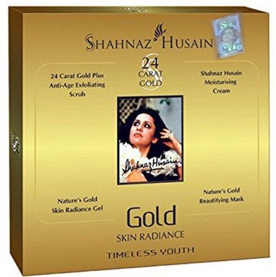 

shahnaz Husain 24 Carat Gold Skin Radiance Kit Timeless Youth (24 Carat Gold Plus Anti Ageing Exfoliating Scrub, Moisturising Cream, Skin Radiance Gel, Beautifying Mask) 40 g(Set of 4)