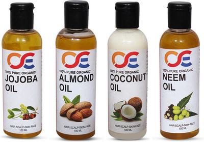 

OSE (Combo Pack Of 4) 100 Percent Pure & Organic Cold Pressed Unrefined Virgin Jojoba Oil, Almond Oil, Coconut Oil & Neem Oil For Hair-Scalp-Skin-Face-Nails Hair Oil(100 ml)