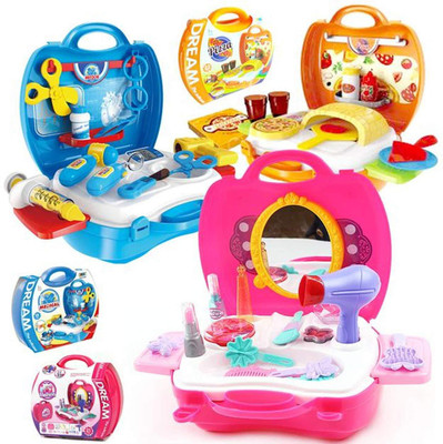 

YD Combo of Beauty Set, Doctor Set and Pizza Playset Suitcase for Baby Girl, Baby Boy Pretend Play Children's Small Suitcase.