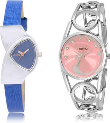 

LOREM LR-208-233 Pink & Blue Round & Triangle Girl's Metal Bracelet & Leather Watch - For Women