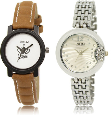 

LOREM LR-209-227 Silver & White Round Girl's Metal Bracelet & Leather Watch - For Men & Women