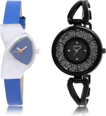 

LOREM LR208-LR211 Black & Blue Round & Triangle Girl's Metal Bracelet & Leather Watch - For Women