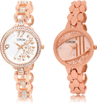 LOREM LR-210-222 Rose Gold & White Round Girl's Metal Bracelet Watch - For Women