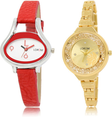 

LOREM LR-206-224 Gold & White Round & Oval Girl's Metal Bracelet & Leather Watch - For Women