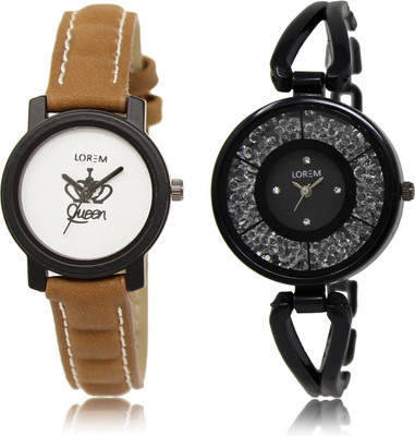 

LOREM LR-209-211 Black & White Round Girl's Metal Bracelet & Leather Watch - For Women