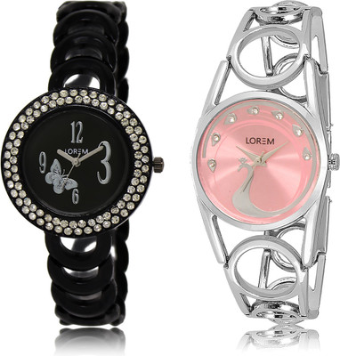 

LOREM LR-201-233 Pink & Black Round Girl's Metal Bracelet Watch - For Women