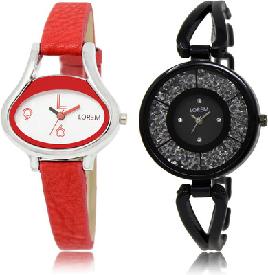 

LOREM LR206-LR211 Black & White Round & Oval Girl's Metal Bracelet & Leather Watch - For Women