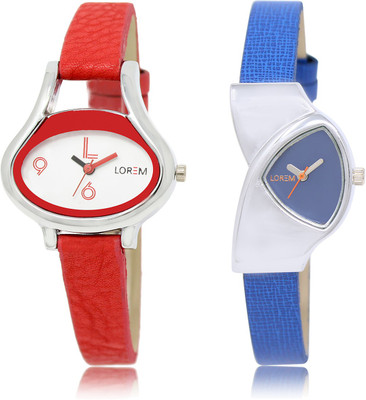 

LOREM LR-206-208 Blue & White Triangle & Oval Girl's Leather Watch - For Women