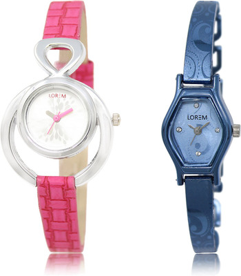 

LOREM LR-205-218 Blue & Silver Contemporary & Round Girl's Metal Bracelet & Leather Watch - For Women
