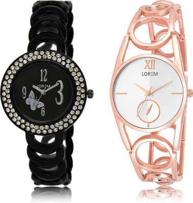 LOREM LR201-LR213 Silver & Black Round Girl's Metal Bracelet Watch - For Women