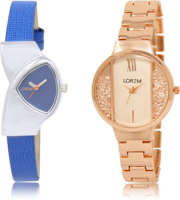 

LOREM LR-208-217 White & Blue Round & Triangle Girl's Metal Bracelet & Leather Watch - For Women