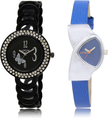 

LOREM LR-201-208 Blue & Black Triangle & Round Girl's Leather & Metal Bracelet Watch - For Women
