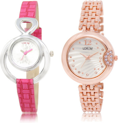 

LOREM LR-205-228 White Round Girl's Metal Bracelet & Leather Watch - For Women