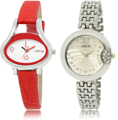 

LOREM LR-206-227 Silver & White Round & Oval Girl's Metal Bracelet & Leather Watch - For Women
