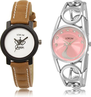 

LOREM LR-209-233 Pink & White Round Girl's Metal Bracelet & Leather Watch - For Women