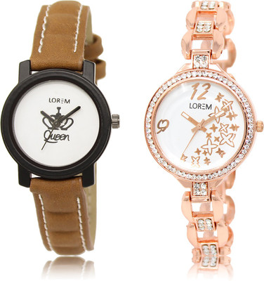 

LOREM LR-209-210 White Round Girl's Metal Bracelet & Leather Watch - For Women