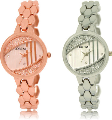 

LOREM LR-222-223 Silver & Rose Gold Round Girl's Metal Bracelet Watch - For Women