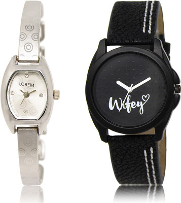 

LOREM LR-219-234 Black & Silver Round & Contemporary Girl's Leather & Metal Bracelet Watch - For Women