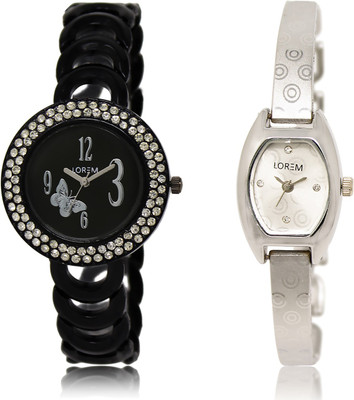 LOREM LR-201-219 Silver & Black Contemporary & Round Girl's Metal Bracelet Watch - For Women