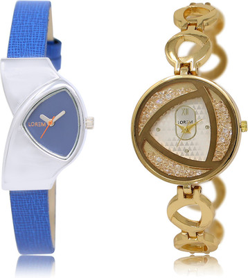 

LOREM LR-208-239 Silver & Blue Round & Triangle Girl's Metal Bracelet & Leather Watch - For Women