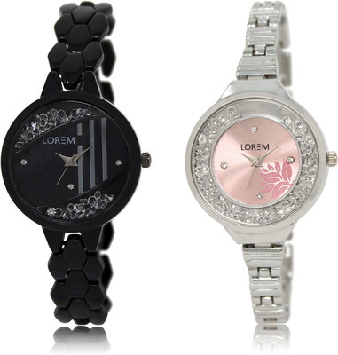 

LOREM LR-221-226 Pink & Black Round Girl's Metal Bracelet Watch - For Women