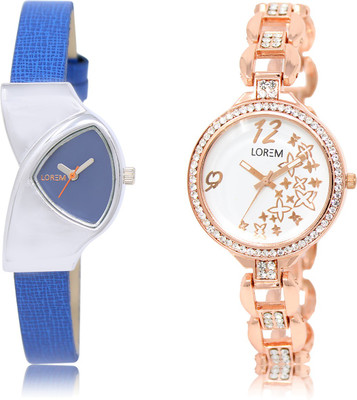 

LOREM LR208-LR210 White & Blue Round & Triangle Girl's Metal Bracelet & Leather Watch - For Women