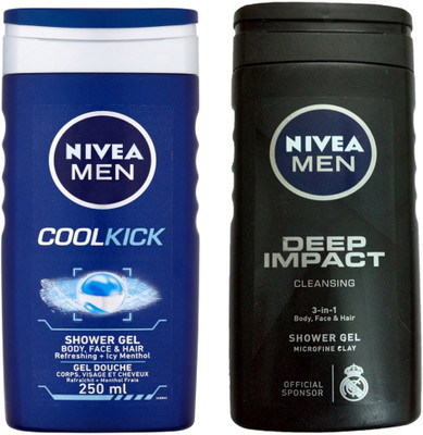 

Nivea MEN DEEP IMPACT CLEANING 3-IN SHWER GEL 250 ML + MEN COOL KICK SHOWER GEL 250 ML(250 ml, Pack of 2)