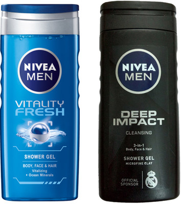 

Nivea MEN DEEP IMPACT CLEANING 3-IN SHWER GEL 250 ML + MEN VITALITY FRESH SHOWER GEL 250 ML(250 ml, Pack of 2)