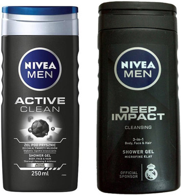 

Nivea MEN DEEP IMPACT CLEANING 3-IN SHWER GEL 250 ML + MEN ACTIVE CLEAN SHOWER GEL 250 ML(250 ml, Pack of 2)