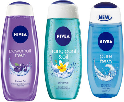 

Nivea FRESH PURE SHOWER GEL 250 ML + FRANGIPANI & OIL SHOWER GEL 250 ML +FRESH POWER FRUIT SHOWER GEL 250 ML(250 ml, Pack of 3)