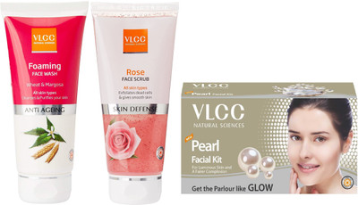 

VLCC Foaming Face wash 100ml + Rose face scrub 80g+ Pearl Facial kit 60gm(Set of 3)