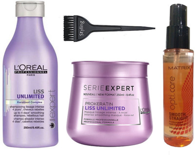 

Styling Of hair brush & Liss Unlimited Masque & shampoo With Matrix opti care smooth straight hair serum(Set of 4)