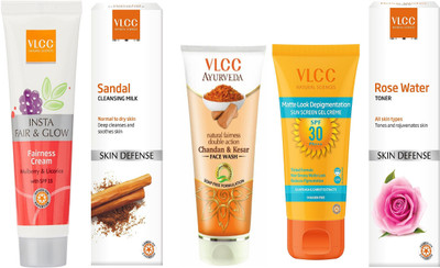 

VLCC Insta fairness 50g+Sandal Cleansing milk 100ml+Chandan & Kesar FW 100mlMatte look Spf30 sunscreen 50g+Rose water toner 100ml(Set of 5)