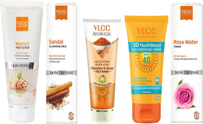 

VLCC Walnut 80g+Sandal Cleansing milk 100ml+Chandan & Kesar FW 100ml+3D Boost sunscreen 50g+Rose water toner 100ml(Set of 5)