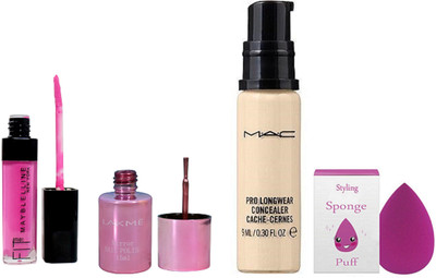 

Styling Sponge puff & Mac pro longwear concealer,lakme nail polish & pink lip gloss(Set of 4)