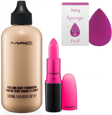 

styling sponge puff & Mac face and body foundation with candy yum yum lipstick(Set of 3)