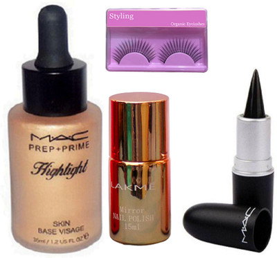 

styling Eyelashes, Mac Prep+Prime Skin Base Visage Highlilghter, Stick Kajal, Lakme Mirror Nail Polish(Set of 4)