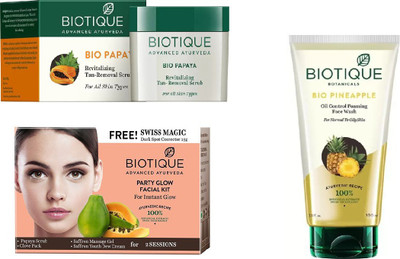 

BIOTIQUE BIO Bio Papaya Revitalizing Tan Removal Scrub, Bio Party Glow Facial Kit, Bio Pineapple Oil Control Foaming Face Wash(Set of 3)