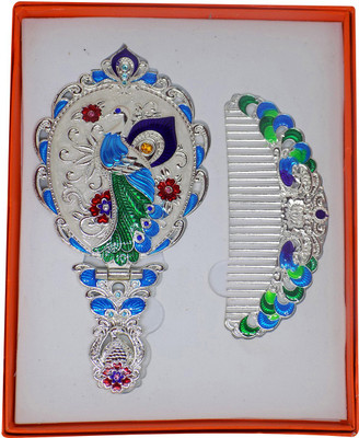 

Majik Silver Decorative Handheld Designer Mirror With Designer Hair Comb For Girls And Women(Set of 2)