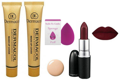 

Studio Fix Combo Sponge Puff& Dermacol Make-Up Cover Foundation Pack of 2 & Diva Lipstick(Set of 4)
