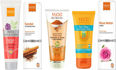 

VLCC Insta fairness 50g+Sandal Cleansing milk 100ml+Chandan & Kesar FW 100ml+fair glow sunscreen 50g+Rose water toner 100ml(Set of 5)