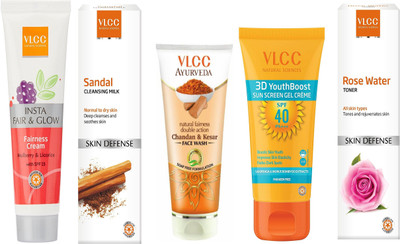 

VLCC Insta fairness 50g+Sandal Cleansing milk 100ml+Chandan & Kesar FW 100ml+3D Boost sunscreen 50g+Rose water toner 100ml(Set of 5)